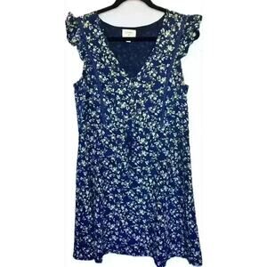 Everly Navy Floral V-Neck Ruffle Flutter Sleeve Button-Front A-line Mini Dress M